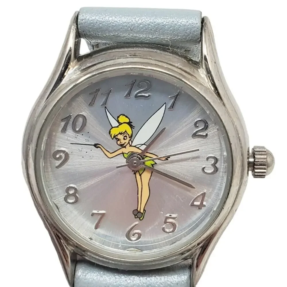 Disney Tinker Bell Round Silver Analog Watch Blue Leather Band Women's